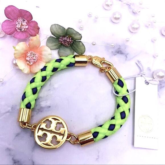 New Tory Burch Gold Logo, Green & Blue Rope Bracelet - Picture 6 of 10